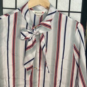 Vintage 70s-80s ladies blouse, striped white/red/navy, size 12